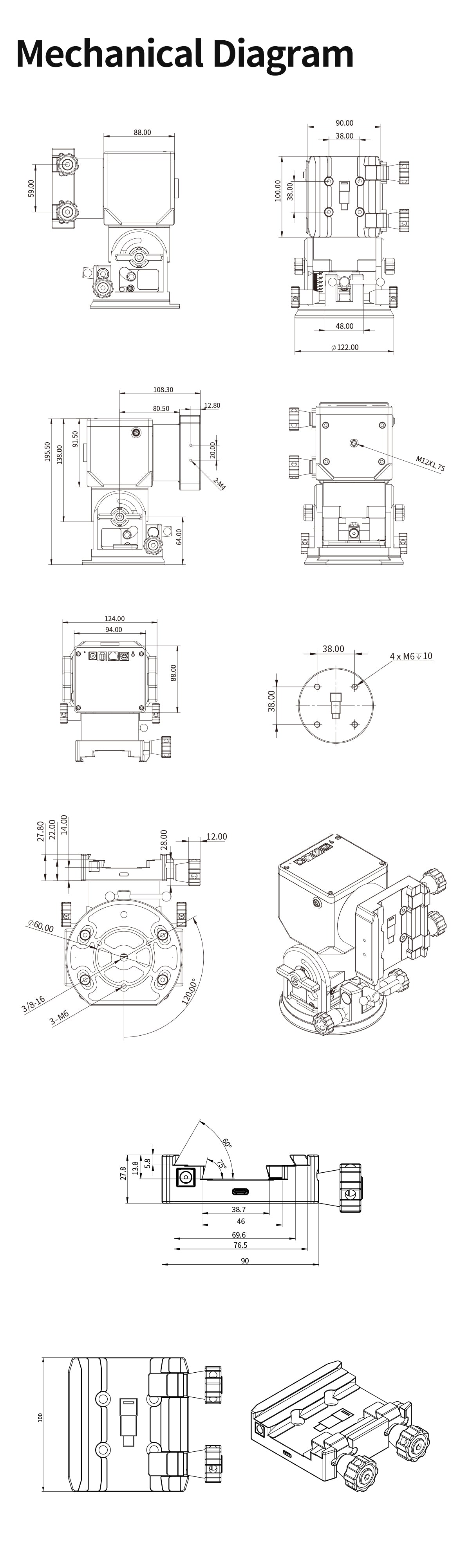 Disegno meccanico quotato della montatura ZWO AM3N: dimensioni, base, slitta e fori di fissaggio