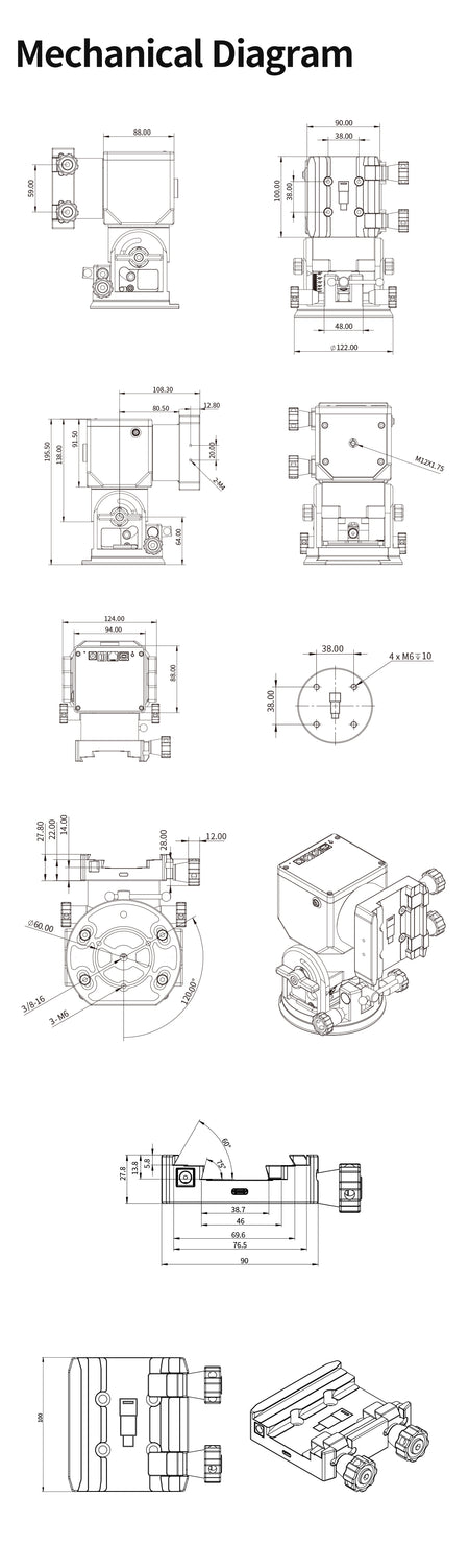 Disegno meccanico quotato della montatura ZWO AM3N: dimensioni, base, slitta e fori di fissaggio