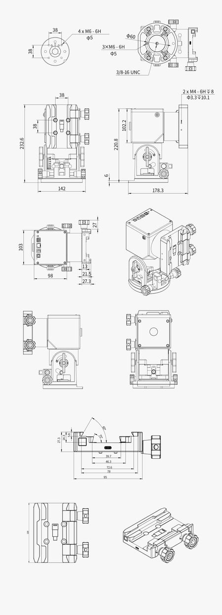 Disegno meccanico quotato della montatura ZWO AM5N: dimensioni, base, slitta e fori di fissaggio