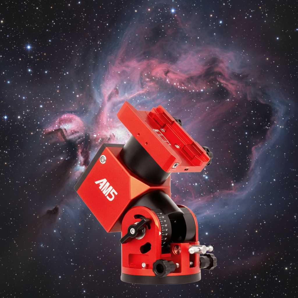Montatura equatoriale ZWO AM5N Harmonic Drive rossa su sfondo di nebulosa, per astrofotografia deep-sky