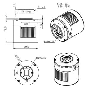 Fotocamera ZWO ASI183MC Pro Color raffreddata con sensore Sony IMX183 vista frontale