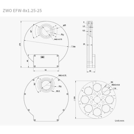 ZWO Ruota Portafiltri EFW 8×1,25" - Dimensioni tecniche dettagliate