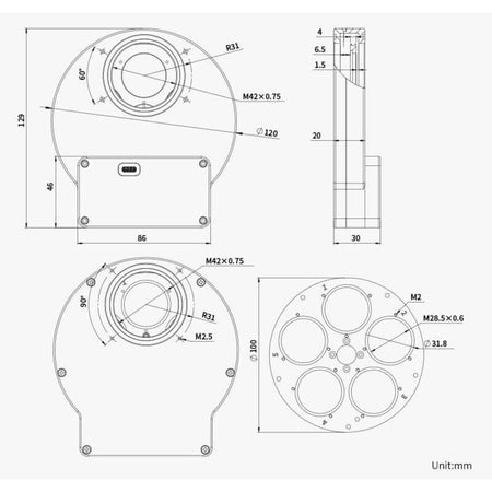 Schema tecnico della ZWO Ruota Portafiltri EFW 5×1,25''. Misure e dettagli di design.