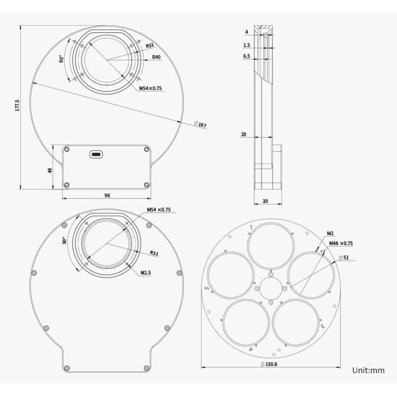 Schema tecnico della ZWO Ruota Portafiltri EFW 5×2" con dimensioni