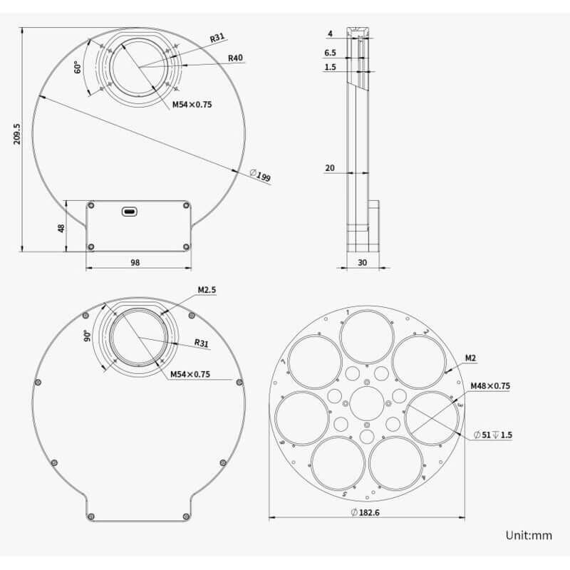 Schema tecnico della ZWO Ruota Portafiltri EFW 7×2" con misure dettagliate.