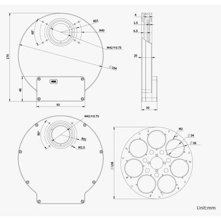Schema tecnico della ZWO Ruota Portafiltri EFW 7×36 mm