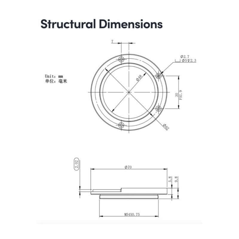 ZWO Adattatore M54 per Portafiltri M42 e Nikon/Canon per Camere ASI, disegno tecnico dimensioni strutturali