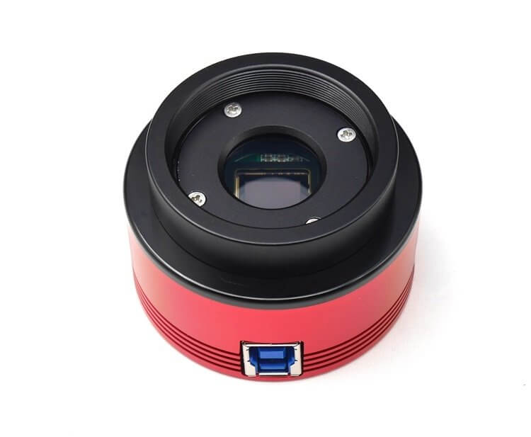 ZWO ASI 174 MM Mono, fotocamera planetaria con sensore Sony IMX174QE, ideale per riprese solari e lunari, porta USB 3.0 per rapidi trasferimenti.