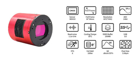 Fotocamera ZWO ASI 2400 MC PRO con caratteristiche tecniche tra cui sensore Sony IMX410, full frame e raffreddamento Peltier a 35°C.