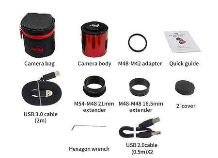 Accessori inclusi con la ZWO ASI 2400 MC PRO: corpo camera, adattatori, cavi USB, borsa, copertura, guida rapida e chiave a brugola.