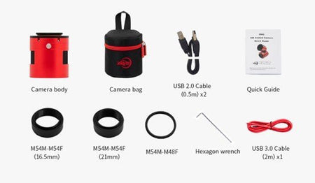 Contenuto della confezione fotocamera astronomica ZWO ASI 2600 MC DUO, inclusi corpo macchina, cavi USB, borsa, chiave a brugola e guide.