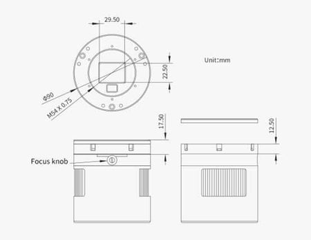 Diagramma tecnico della fotocamera ZWO ASI 2600 MC DUO Colore con misure e dettagli del sensore Sony ExMor IMX571.
