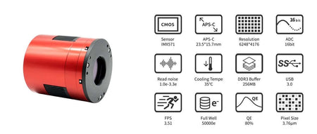 Fotocamera ZWO ASI 2600 MC PRO, sensore CMOS Sony APS-C, raffreddamento Peltier, risoluzione 6248x4176, 26MP, pixel 3.76 micron.