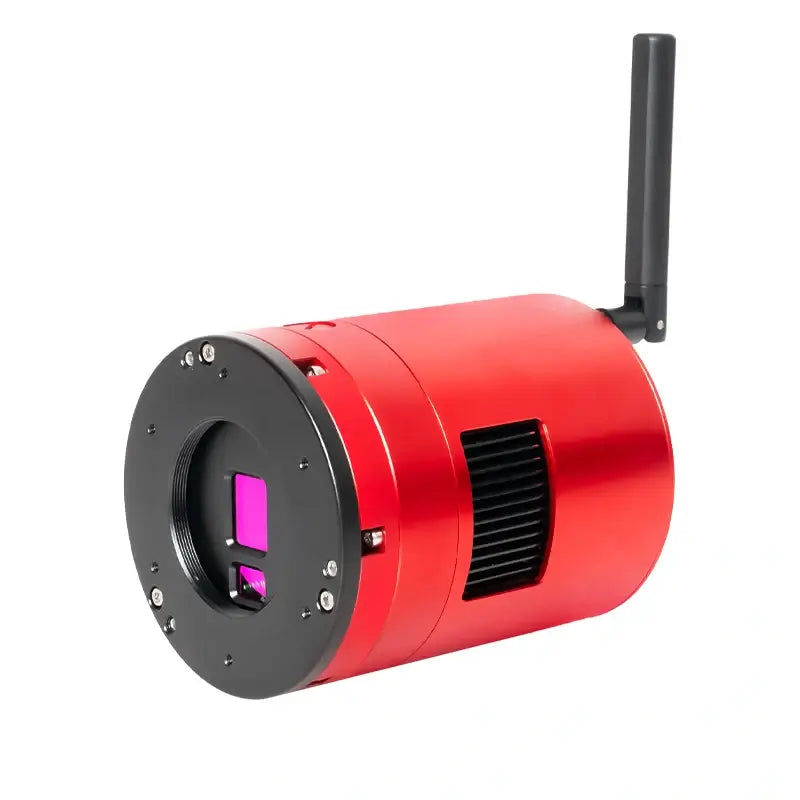 Fotocamera ZWO ASI 585 MC Air per astrofotografia, colore rosso con antenna wireless.