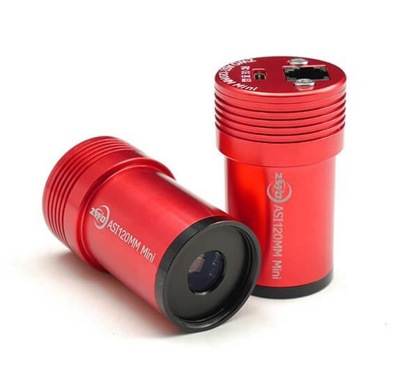Fotocamera ZWO ASI 120 MM Mini rossa per astrofotografia, con sensore AR0130CS e pixel 3,75 micron, ideale per l'imaging planetario.