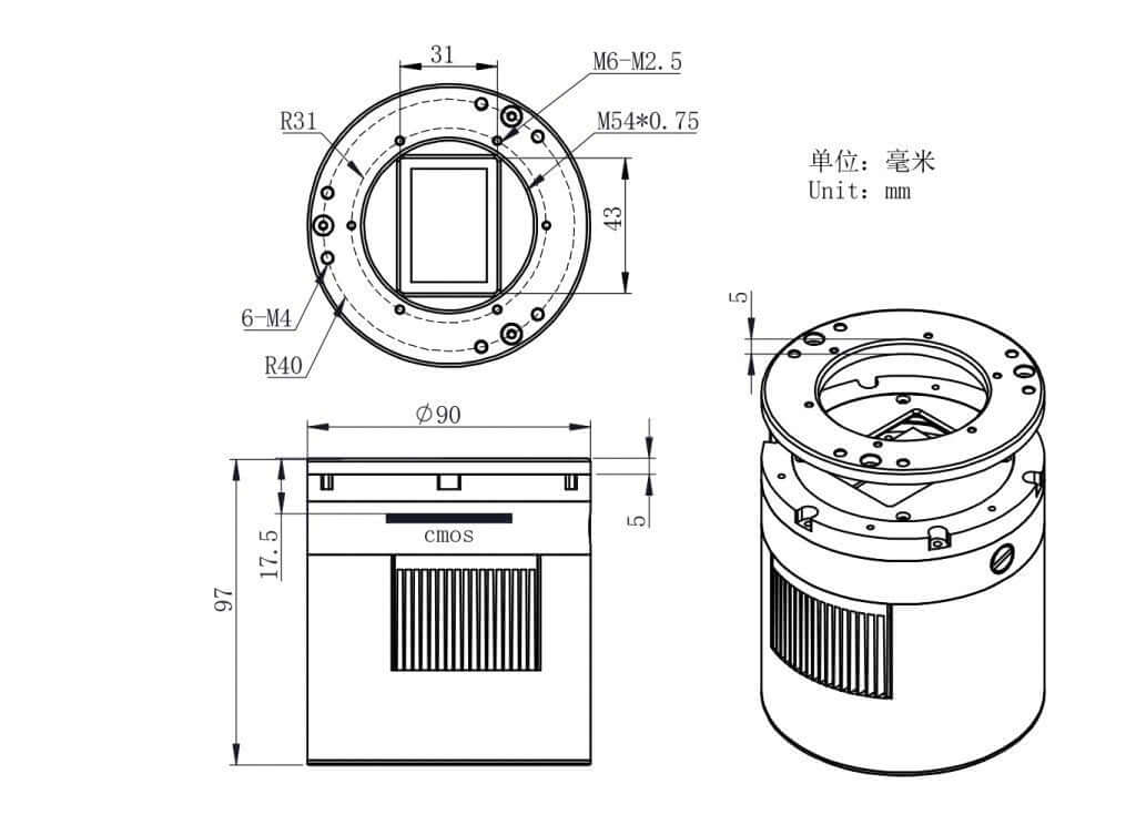 Diagramma tecnico della fotocamera ZWO ASI 2400 MC PRO Colore con dimensioni in millimetri.