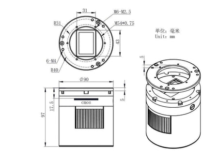 Diagramma tecnico della fotocamera ZWO ASI 2400 MC PRO Colore con dimensioni in millimetri.