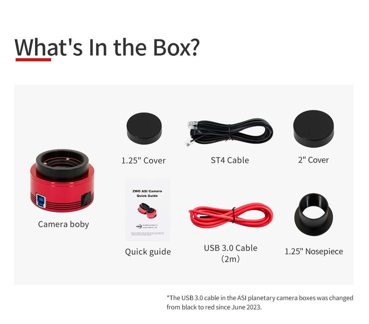Contenuto della confezione ZWO ASI 585 MC Color con telecamera, cavi e accessori inclusi.