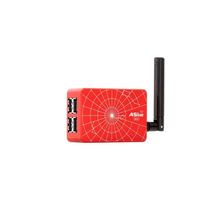 Dispositivo ZWO ASIair MINI in metallo rosso, connessione WiFi per controllo camere ASI, porta USB, per astrofotografia e Plate Solving.