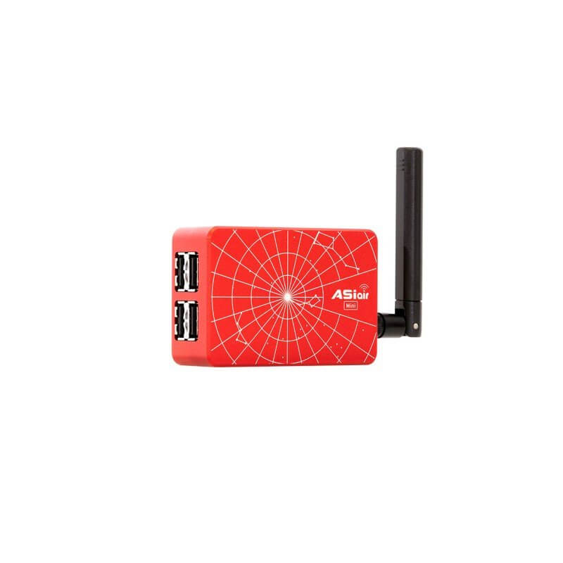 Dispositivo ZWO ASIair MINI in metallo rosso, connessione WiFi per controllo camere ASI, porta USB, per astrofotografia e Plate Solving.
