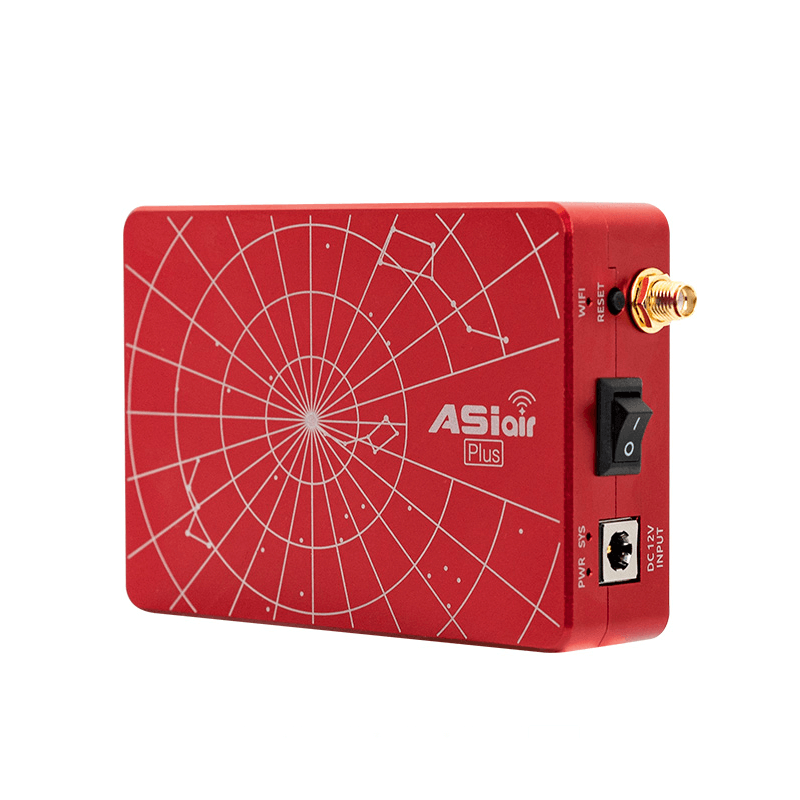 Dispositivo ZWO ASIair PLUS 256GB con antenna esterna e connettività USB 3.0 per controllo fotocamere, in colore rosso.