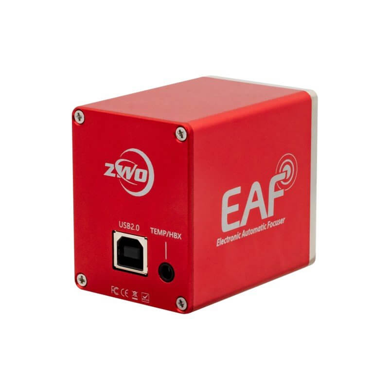 Focheggiatore Elettronico ZWO EAF 5V rosso per astrofotografia, vista laterale con porte USB e temp/hbx.