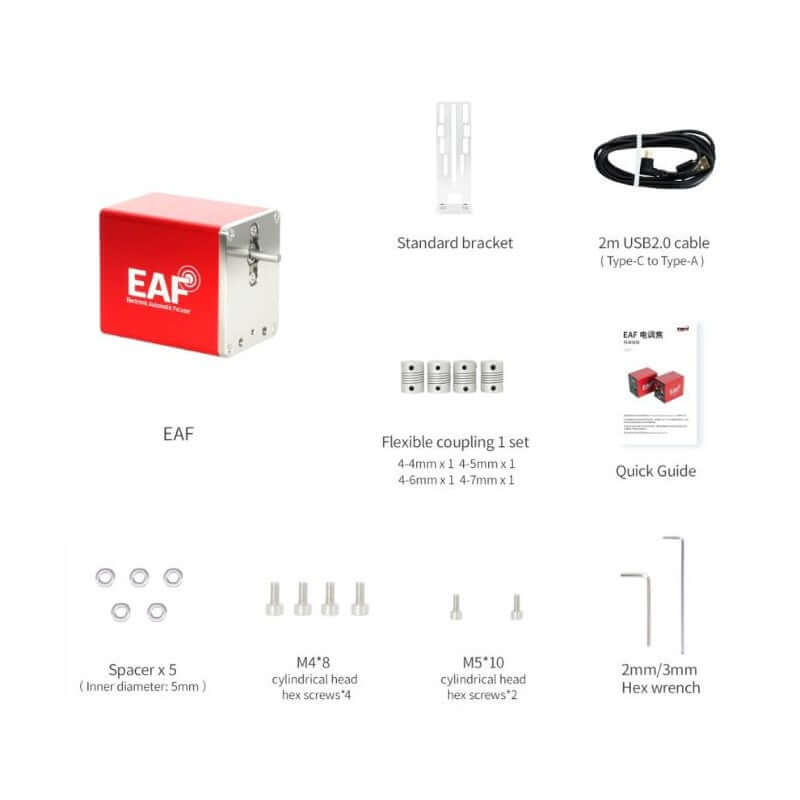 Kit ZWO EAF-N 5V con cavo USB-C, staffa standard e guida rapida per telescopi.