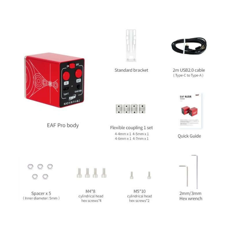 Componenti del ZWO EAF-Pro 5v Focheggiatore, cablaggio USB-C, staffa, guida rapida, viti.