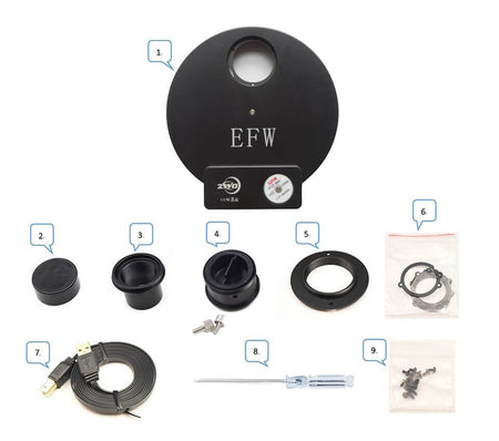 Componenti del kit ZWO EFW 7x36mm, inclusa ruota portafiltri motorizzata, cavi USB e accessori per fotografia astronomica.
