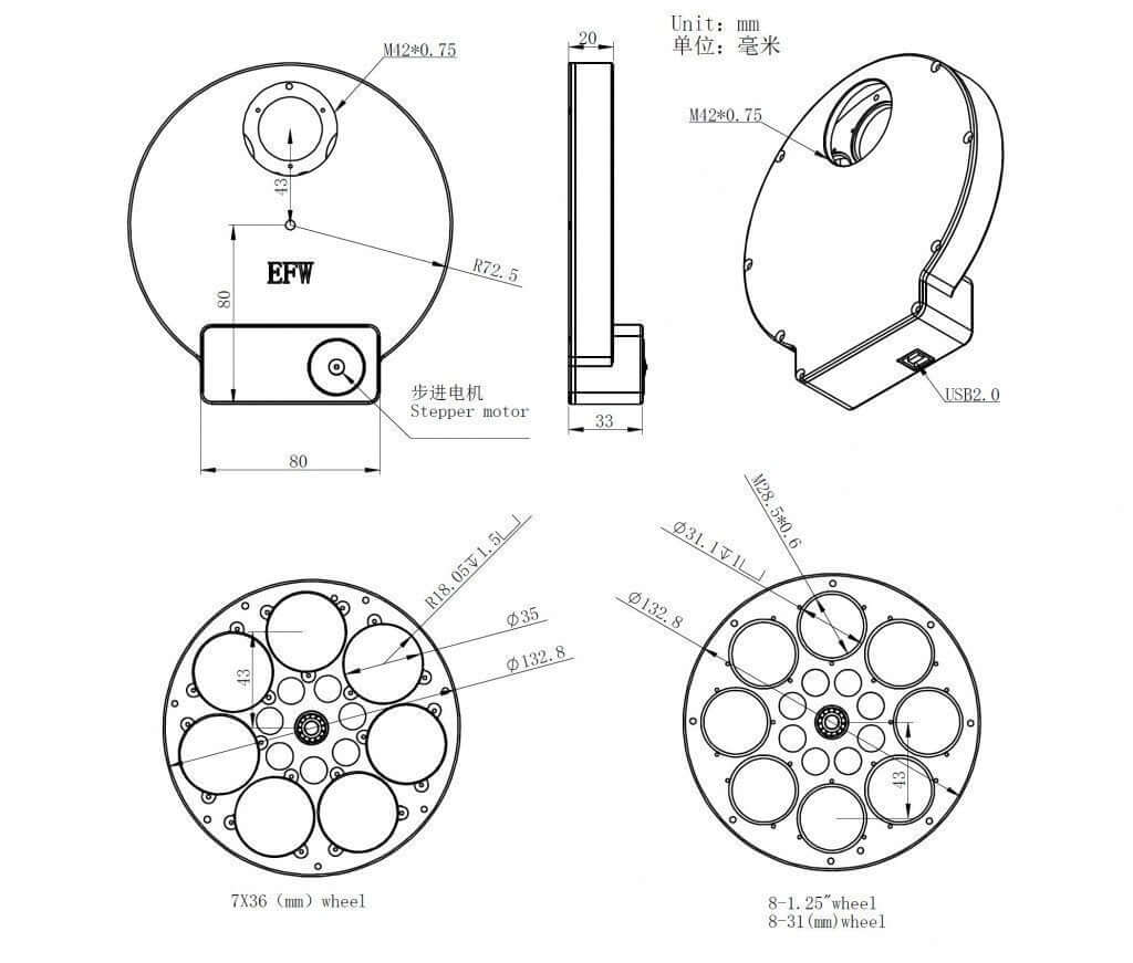 Illustrazioni dettagliate del design e delle dimensioni della ruota portafiltri ZWO EFW 7x36mm per filtri astronomici.