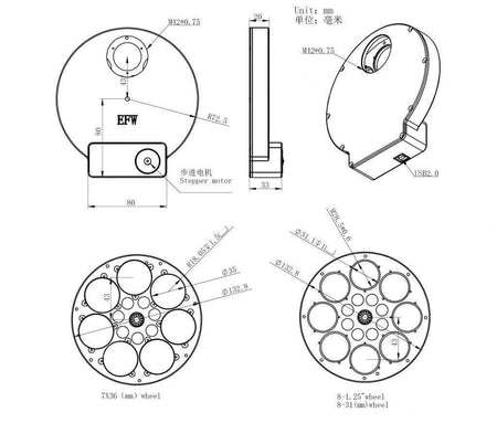 Illustrazioni dettagliate del design e delle dimensioni della ruota portafiltri ZWO EFW 7x36mm per filtri astronomici.